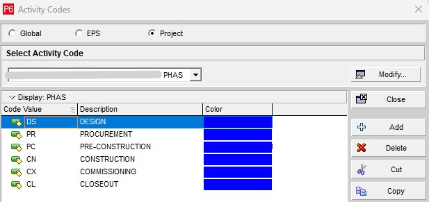 MLR Project Management & Consultancy; PHAS; Phase of Work; Activity Code; USACE; NAVFAC