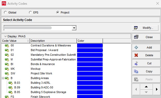 MLR Project Management & Consultancy; PHAS; Phase of Work; Activity Code; USACE; NAVFAC