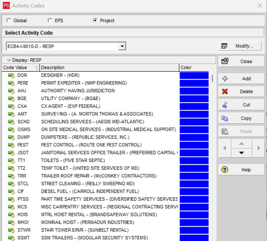 MLR Project Management & Consultancy; RESP; Responsible Party; Activity Code; USACE; NAVFAC