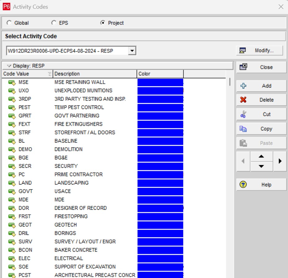 MLR Project Management & Consultancy; RESP; Responsible Party; Activity Code; USACE; NAVFAC