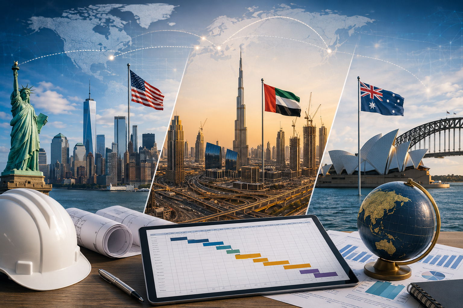 Project planning and scheduling practices comparison across the USA, UAE, and Australia featuring construction project controls, Primavera P6 scheduling, global infrastructure, and international project management concepts.