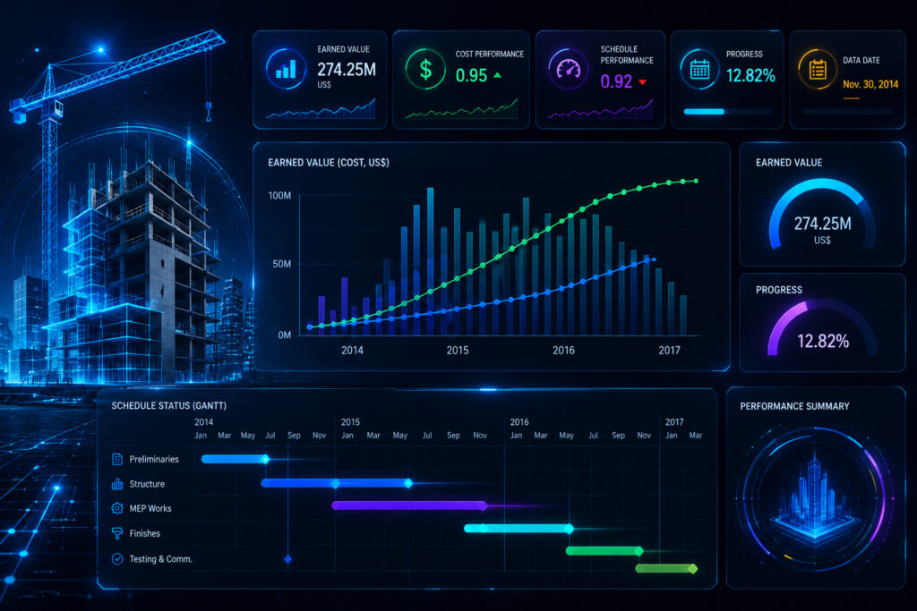 Interactive project planning and controls dashboard using Power BI and Primavera P6 for construction schedule tracking, earned value analysis, Gantt charts, and project performance monitoring.
