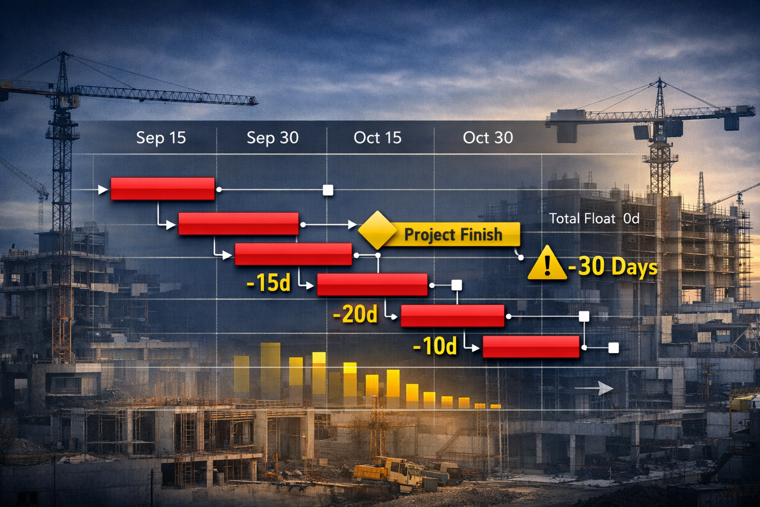 Primavera P6 critical path analysis showing a Gantt chart with highlighted schedule activities, project controls, and construction planning review.