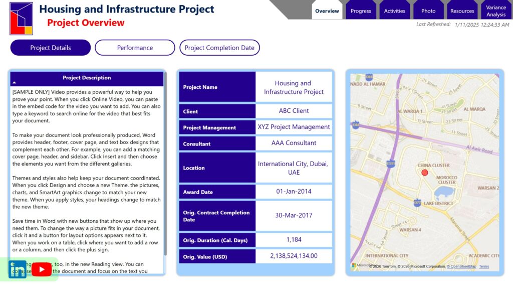 Interactive Power BI and Primavera P6 project controls dashboard for construction schedule tracking, earned value analysis, Gantt charts, progress monitoring, and project performance reporting.
