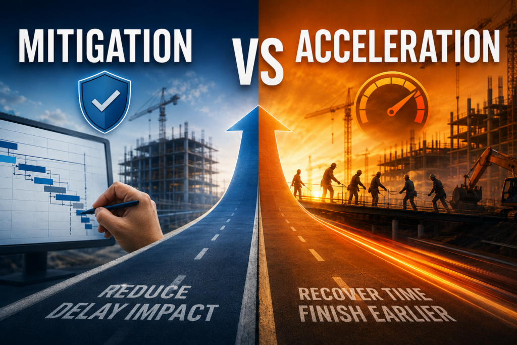 Mitigation vs acceleration in construction scheduling, illustrating how recovery terminology affects delay analysis, cost and contractual entitlement.