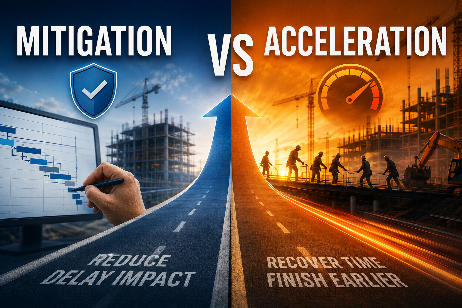 Mitigation vs acceleration in construction scheduling, illustrating how recovery terminology affects delay analysis, cost and contractual entitlement.