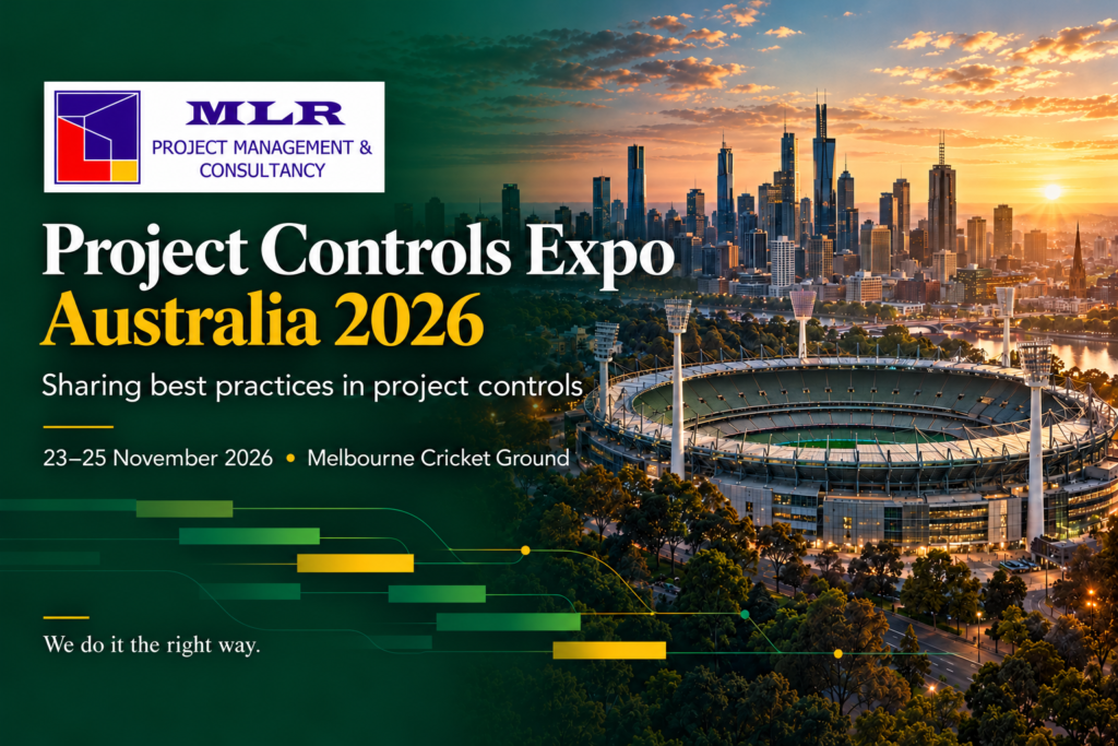MLR Project Management & Consultancy promoting Project Controls Expo Australia 2026, with Melbourne Cricket Ground and the city skyline.